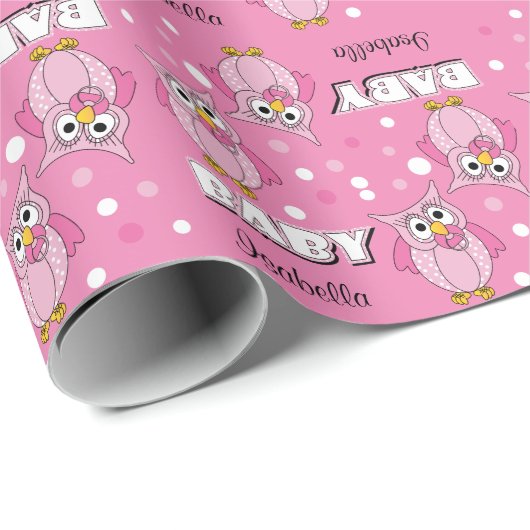 Pink Polka Dot Owl Baby Dusche Thema Geschenkpapier (Rolleneckpunkt)