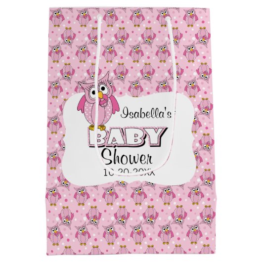 Pink Polka Dot Owl Baby Dusche Thema Mittlere Geschenktüte (Rückseite)
