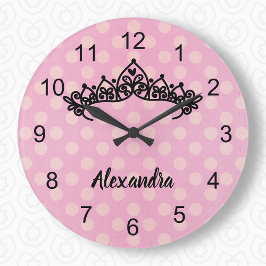 Pink Polka Dot Princess Tiara Wall Clock Große Wanduhr