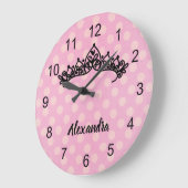 Pink Polka Dot Princess Tiara Wall Clock Große Wanduhr (Winkel)