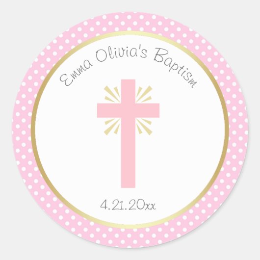 Pink Polka Dot Taufe mit Cross und Gold Border Runder Aufkleber (Vorderseite)