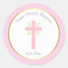 Pink Polka Dot Taufe mit Cross und Gold Border Runder Aufkleber