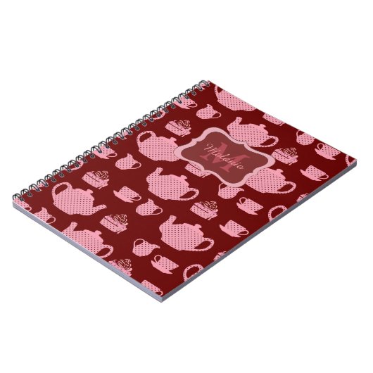Pink Polka Dot Tea Set auf Burgund Personalisiert Notizblock (Linke Seite)