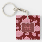 Pink Polka Dot Tea Set auf Burgund Personalisiert Schlüsselanhänger (Vorderseite)