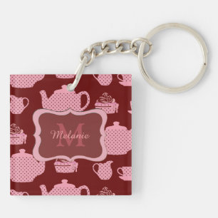 Pink Polka Dot Tea Set auf Burgund Personalisiert Schlüsselanhänger