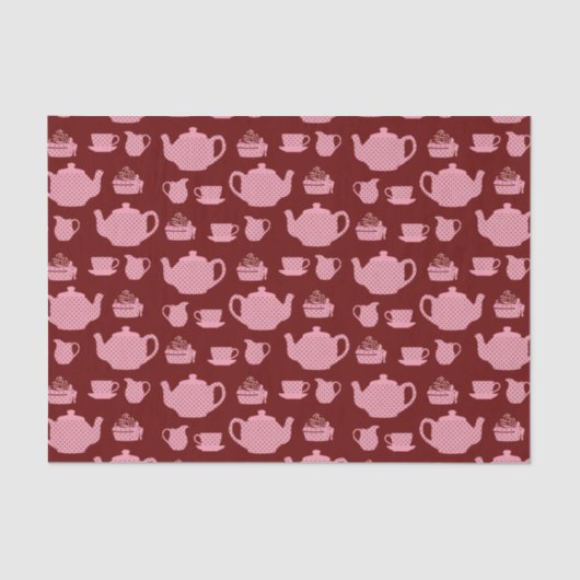 Pink Polka Dot Tea Set auf Burgund Seidenpapier (Vorderseite)
