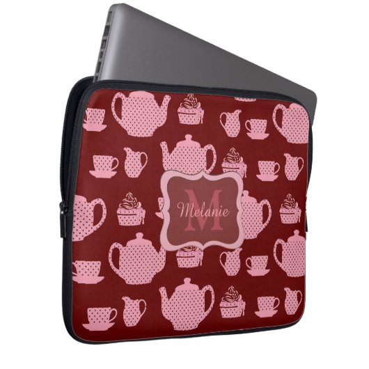 Pink Polka Dot Tea Set Burgund Personalisiert Laptopschutzhülle (Vorne Rechts)
