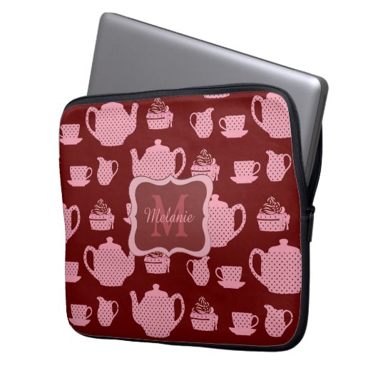 Pink Polka Dot Tea Set Burgund Personalisiert Laptopschutzhülle (Vorderseite Links)