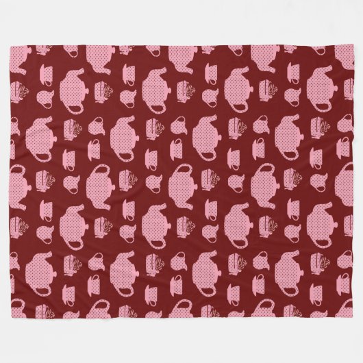Pink Polka Dot Tee Set auf Burgund Muster Fleecedecke (Vorderseite (Horizontal))