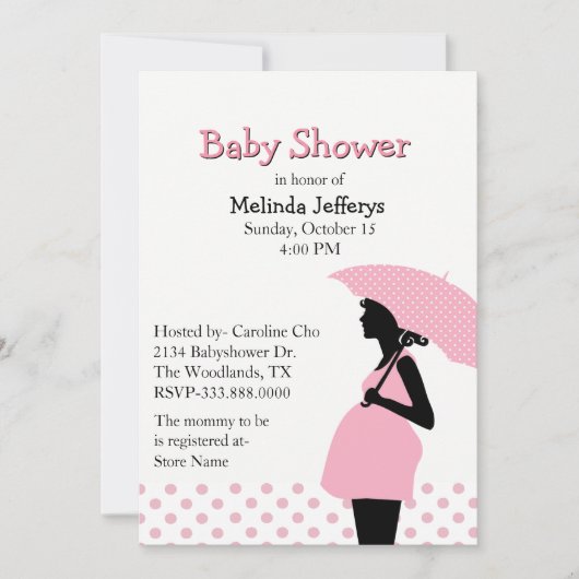 Pink Polka Dot Umbrella Baby Dusche Einladung (Vorderseite)