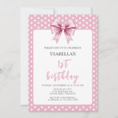 Pink Polka Dot und Bow Erster Geburtstag Einladung (Vorderseite)