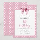 Pink Polka Dot und Bow Erster Geburtstag Einladung (Vorne/Hinten)