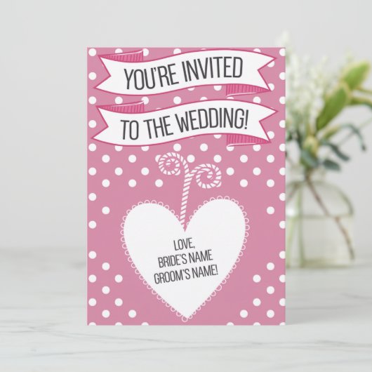 Pink Polka Dot Wedding Einladung (Stehend Vorderseite)