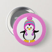 Pink Polka Dot Winter Pinguin Girl Button (Vorne & Hinten)