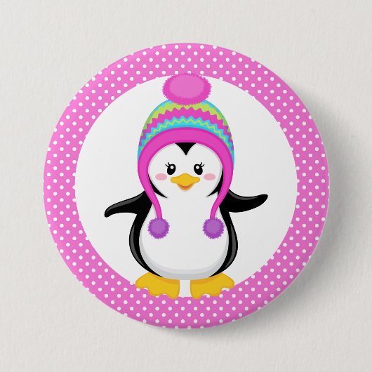 Pink Polka Dot Winter Pinguin Girl Button (Vorderseite)