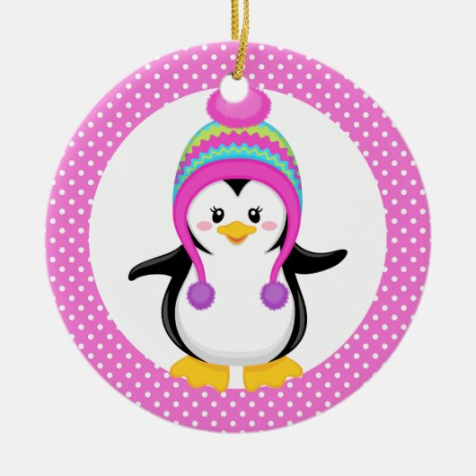 Pink Polka Dot Winter Pinguin Girl Keramik Ornament (Vorne)