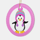 Pink Polka Dot Winter Pinguin Girl Keramik Ornament (Links)