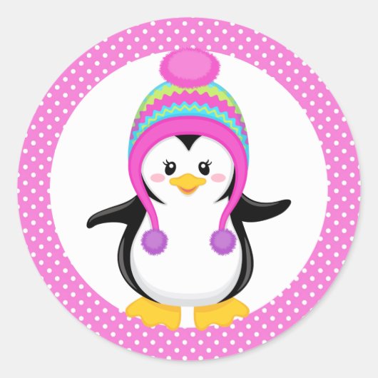 Pink Polka Dot Winter Pinguin Girl Runder Aufkleber (Vorderseite)