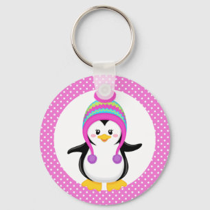 Pink Polka Dot Winter Pinguin Girl Schlüsselanhänger