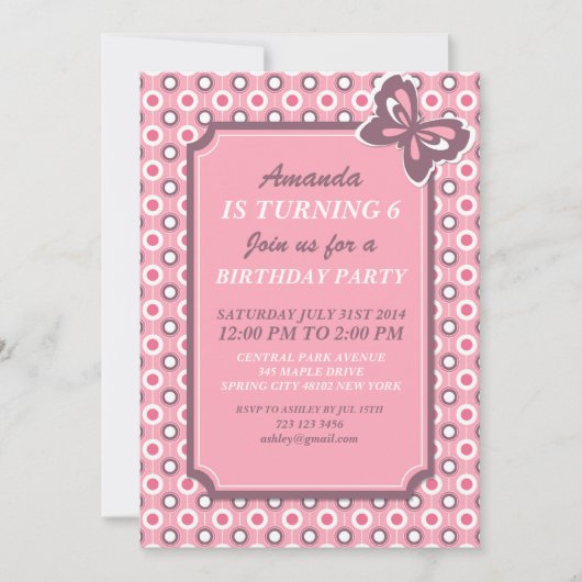 Pink Polka Dots and Butterfly Invitation Card Einladung (Vorderseite)