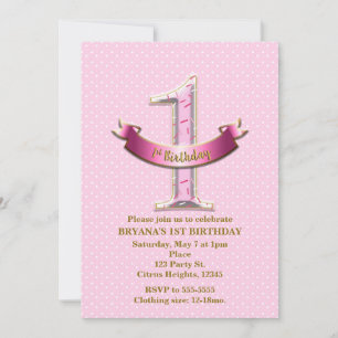 Pink Polka Dots & Banner ONE 1. Geburtstagsparty Einladung