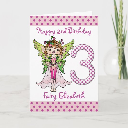 Pink Polka Dots Fairy Princess 3. Geburtstag Karte (Vorderseite)