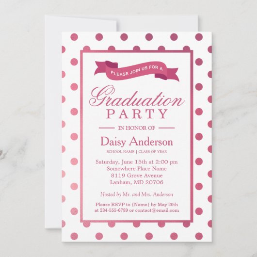 Pink Polka Dots Grad Graduierungsparty Einladung (Vorderseite)