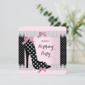 Pink Polka Dots High Heel Geburtstagsparty Einladung (Stehend Vorderseite)