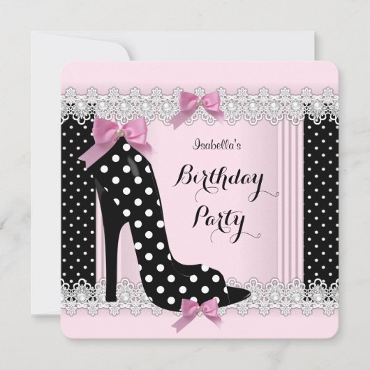 Pink Polka Dots High Heel Geburtstagsparty Einladung (Vorderseite)