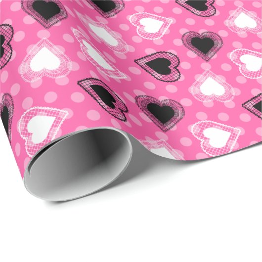 Pink Polka Dots Lace Hearts Geschenkpapier (Rolleneckpunkt)