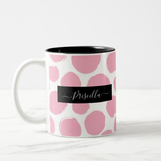 Pink Polka Dots mit Individuelle Name Zweifarbige Tasse (Links)