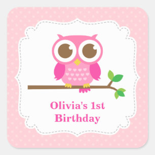 Pink Polka Dots Niedlich Owl Geburtstagsparty Quadratischer Aufkleber