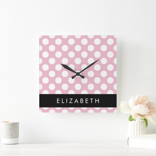 Pink Polka Dots, Polka Dot Pattern, Ihr Name Quadratische Wanduhr (Zuhause)