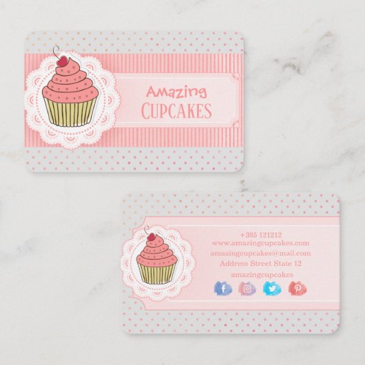 Pink Polka Dots Stripes Cupcake Visitenkarte (Vorne/Hinten)