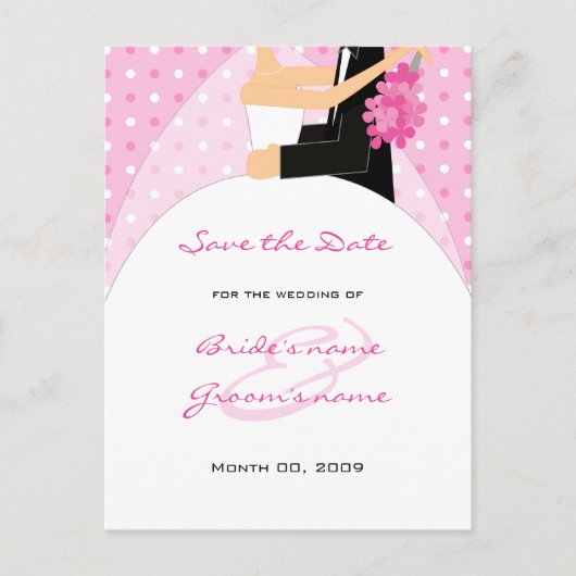 Pink Polka Dots Wedding Save the Date Postcards Ankündigungspostkarte (Vorderseite)