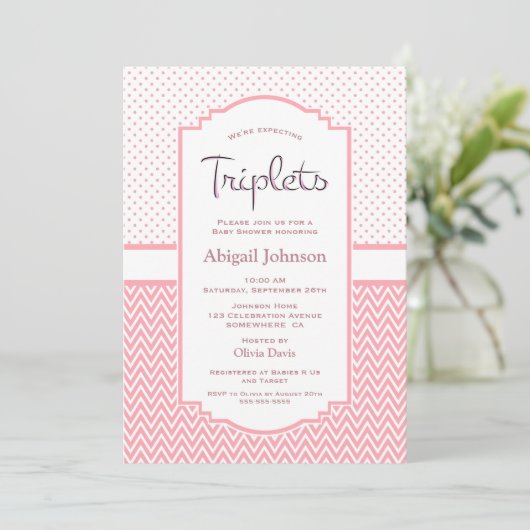 Pink Polka Dots Zickzack Stripes Triplets Einladung (Stehend Vorderseite)
