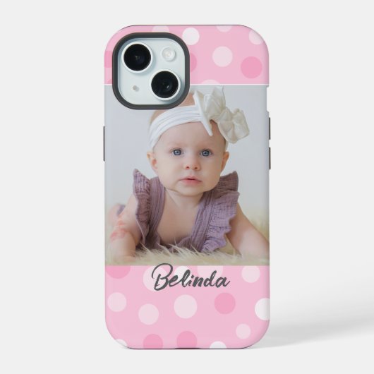 Pink Polkadot Photo Monogram iPhone Case  iPhone 15 Hülle (Rückseite)