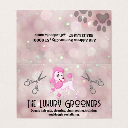 Pink Poodle | Salon Scissors | Bokeh Visitenkarten (Außenseite Aufgefaltet)