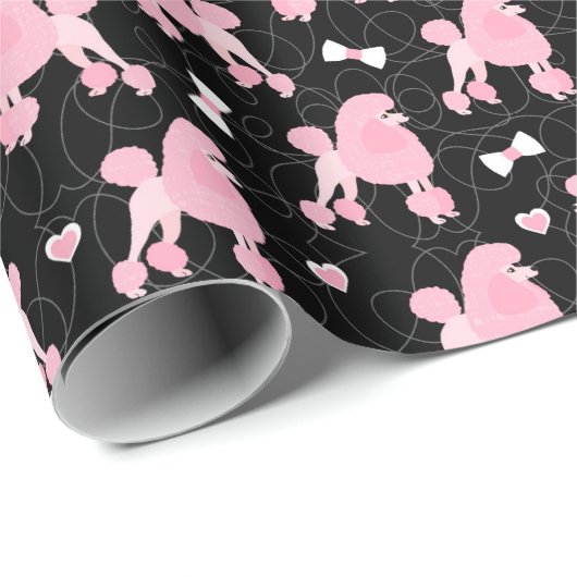 Pink Poodles und Bows Muster Schwarz Geschenkpapier (Rolleneckpunkt)