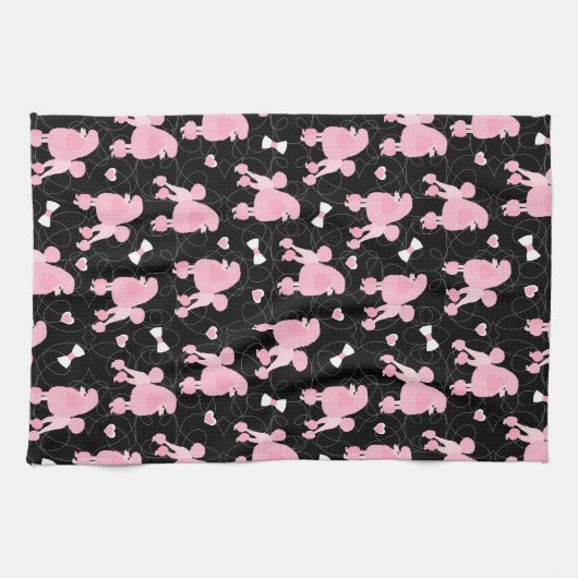 Pink Poodles und Bows Muster Schwarz Geschirrtuch (Horizontal)