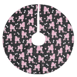 Pink Poodles und Bows Muster Schwarz Polyester Weihnachtsbaumdecke