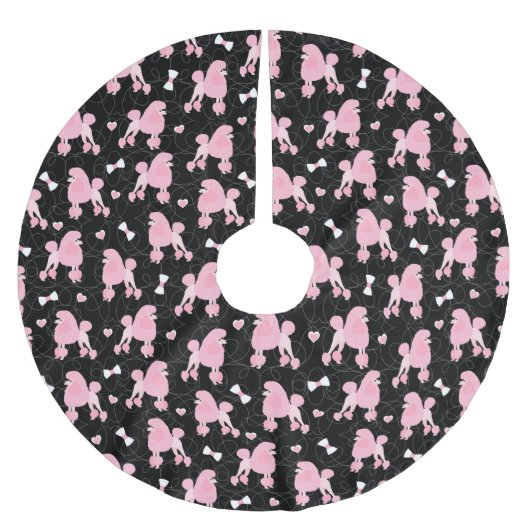 Pink Poodles und Bows Muster Schwarz Polyester Weihnachtsbaumdecke (Vorderseite)