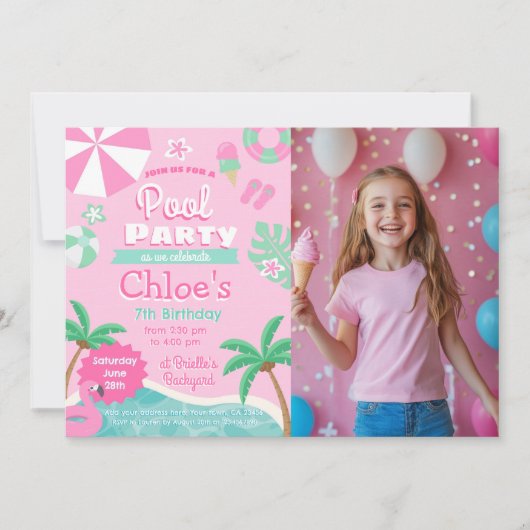 Pink Pool Party Geburtstag Einladung (Vorderseite)