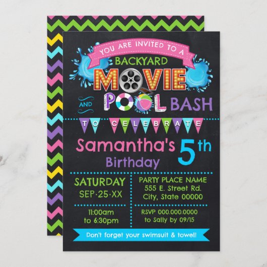 Pink Pool und Movie Birthday Summer Party Einladung (Vorne/Hinten)