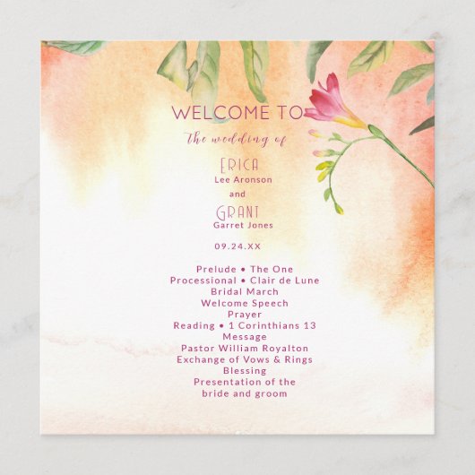 Pink Pop Freesia Peach Wedding Programm (Vorderseite)