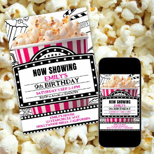 Pink-Popcorn-Kinonacht-Party-Einladung Einladung