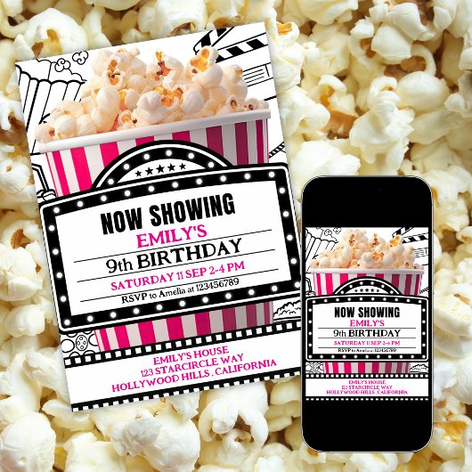 Pink Popcorn Movie Night Party Invitation Einladung