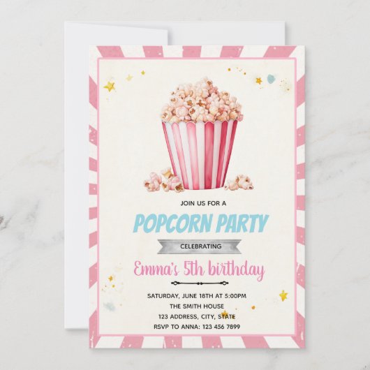 Pink Popcorn-Party Einladung (Vorderseite)