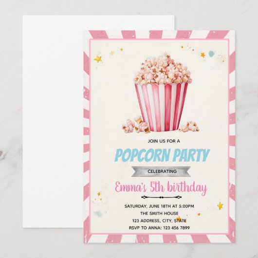 Pink Popcorn-Party Einladung (Vorne/Hinten)