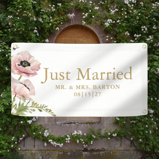 Pink Poppies Just Married Car Banner